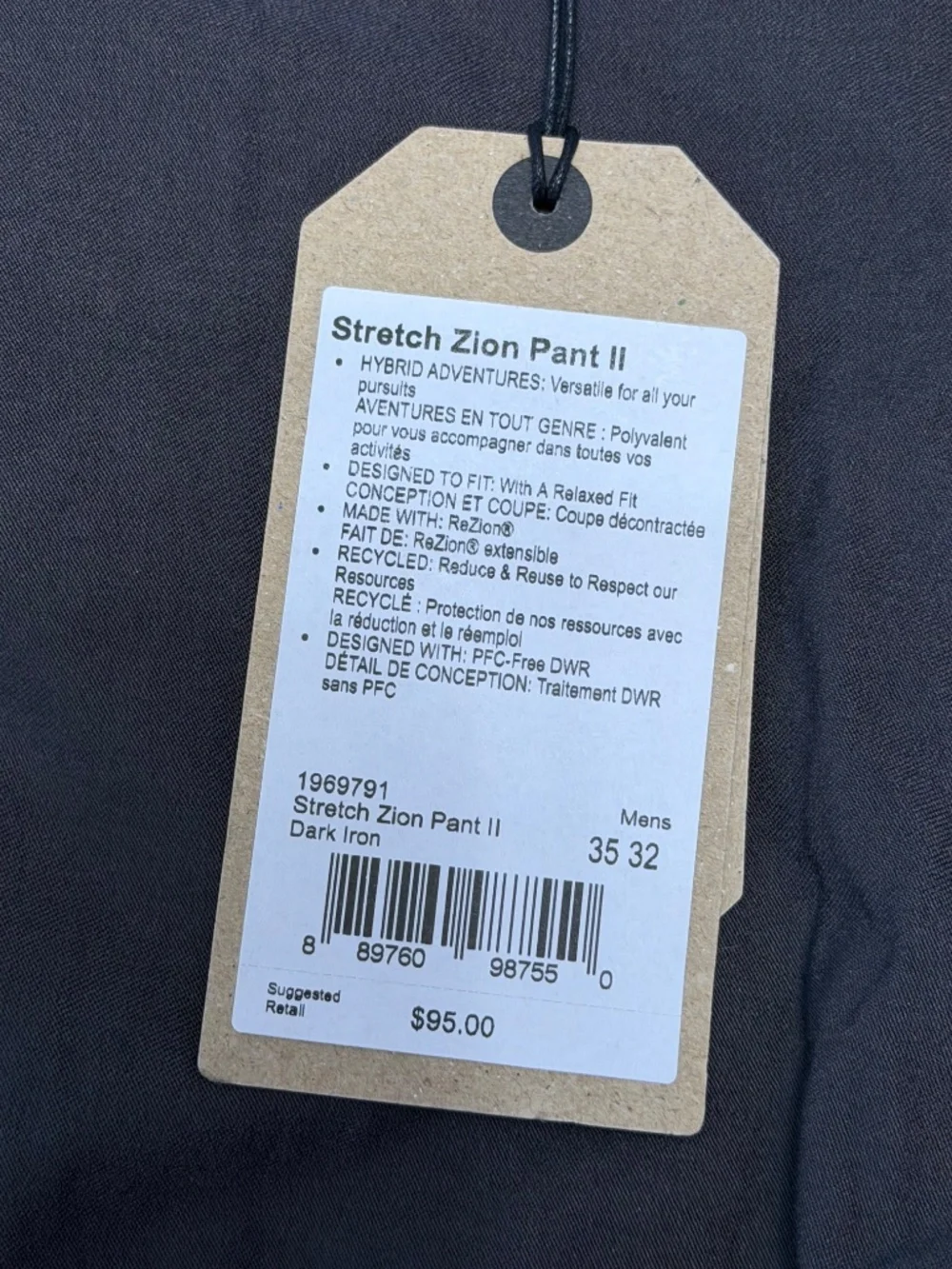 Outdoor Hiking Cargo Trail Pants Stretch Snap Hem Charcoal Prana 35x32 NWT